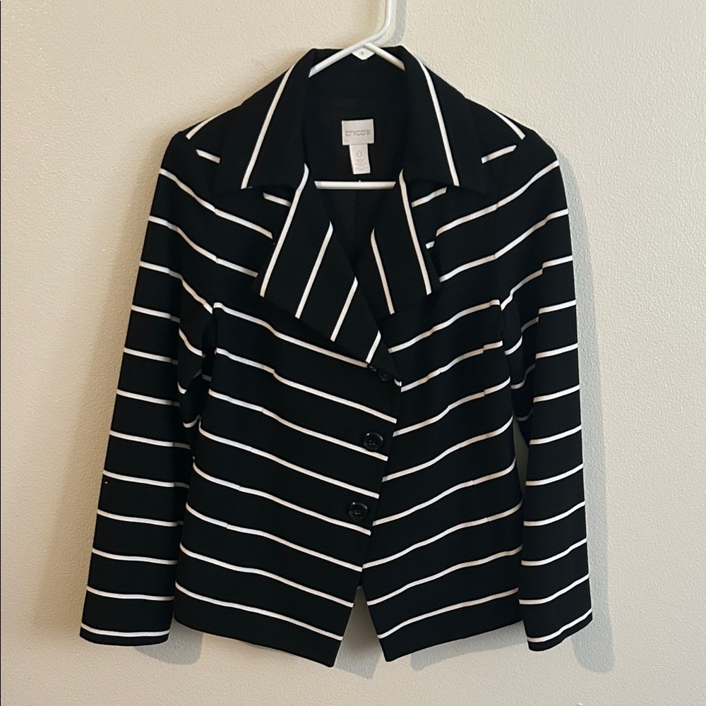 Chico's Black/White Striped Asymetrical 3 Button Blazer Jacket..Small
